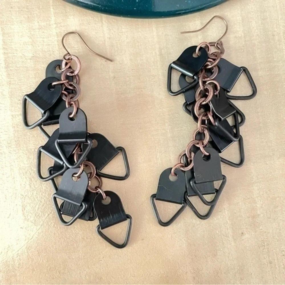 2/$29 Handmade Black Copper Mixed Metal Dangling Earrings 3.5” Upcycled NWT